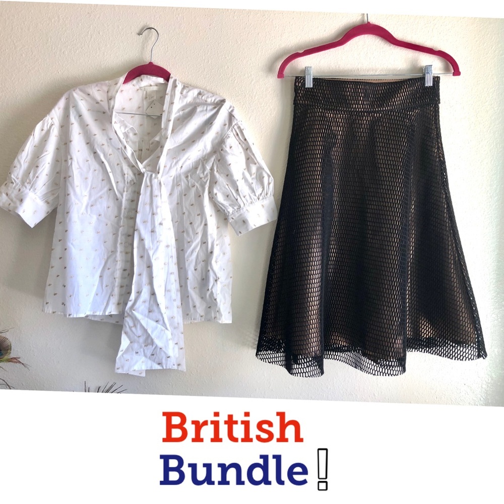 BRITISH!🇬🇧2 Piece F21 Black Overlay Gold Skirt & H&M Gold Embroidered Blouse💛